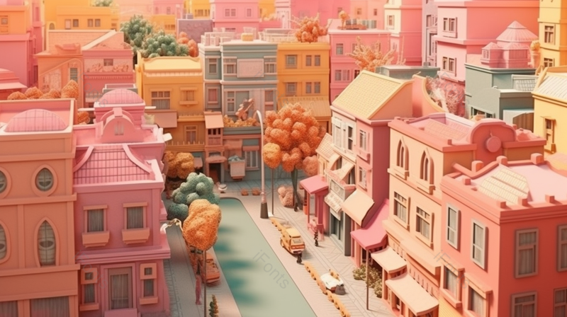 粉红色浪漫卡通小镇渲染场景图,插画/手绘图,插画/手绘图库,插画/手绘图下载,插画/手绘